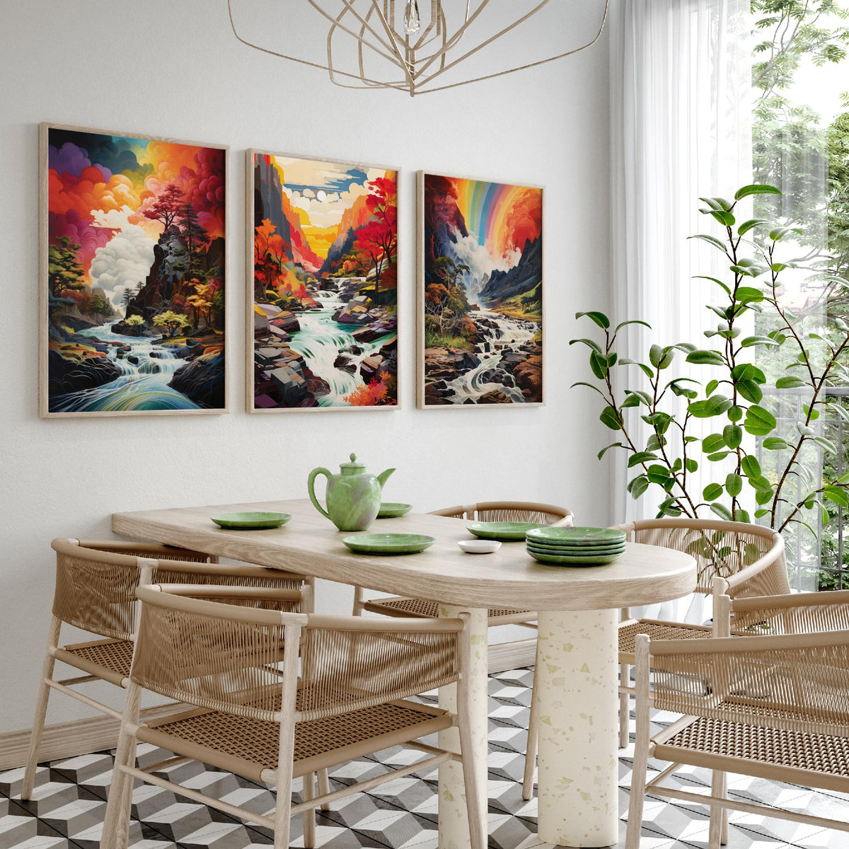 Rainbow River Set of Three Art Prints - Autumn Gorge with Waterfalls - Vivid Landscape Painting Poster