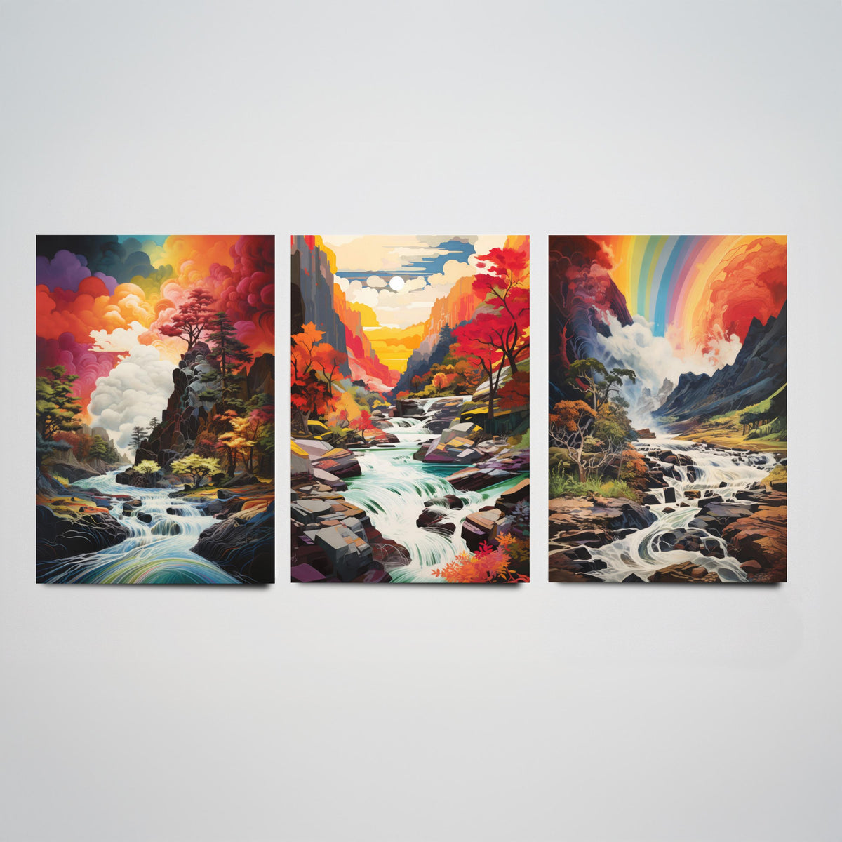 Rainbow River Set of Three Art Prints - Autumn Gorge with Waterfalls - Vivid Landscape Painting Poster