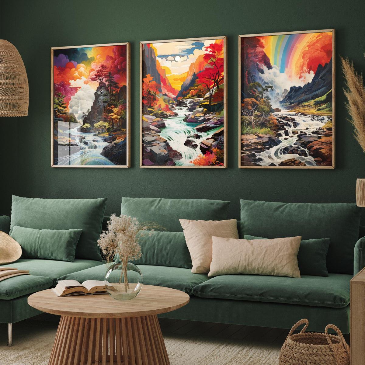 Rainbow River Set of Three Art Prints - Autumn Gorge with Waterfalls - Vivid Landscape Painting Poster