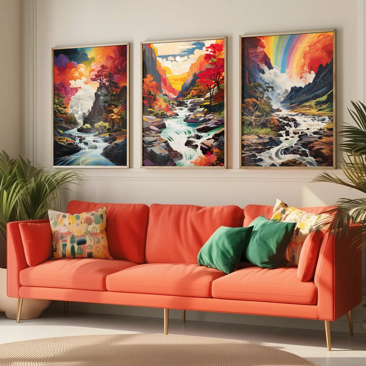 Rainbow River Set of Three Art Prints - Autumn Gorge with Waterfalls - Vivid Landscape Painting Poster