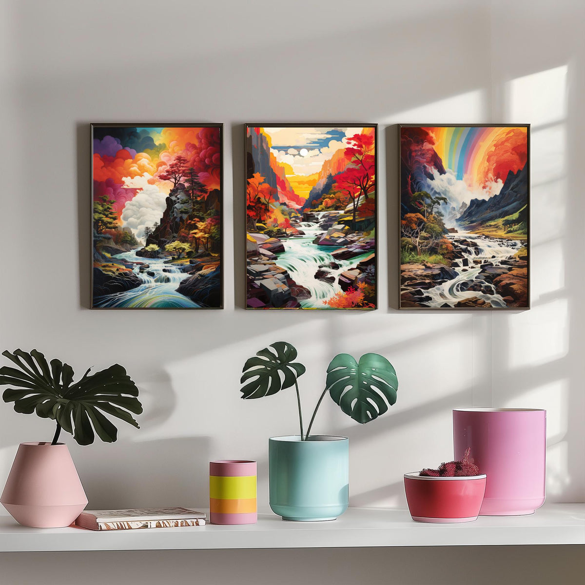 Rainbow River Set of Three Art Prints - Autumn Gorge with Waterfalls - Vivid Landscape Painting Poster
