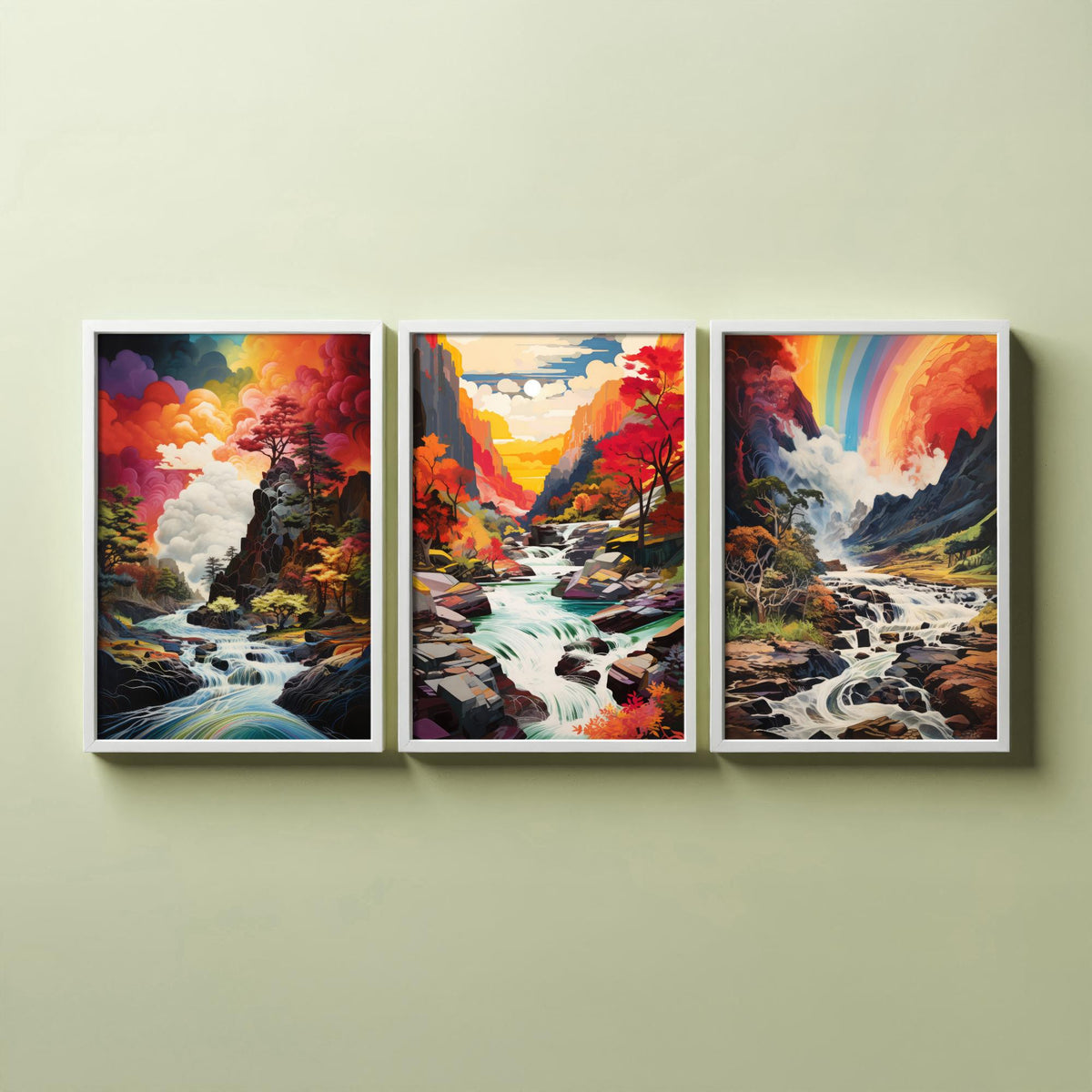Rainbow River Set of Three Art Prints - Autumn Gorge with Waterfalls - Vivid Landscape Painting Poster