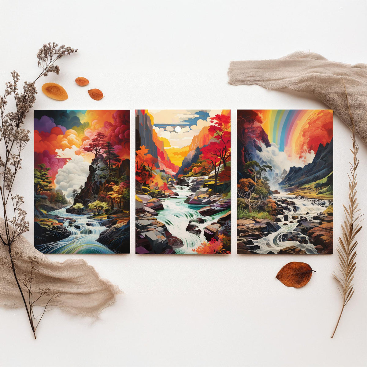 Rainbow River Set of Three Art Prints - Autumn Gorge with Waterfalls - Vivid Landscape Painting Poster