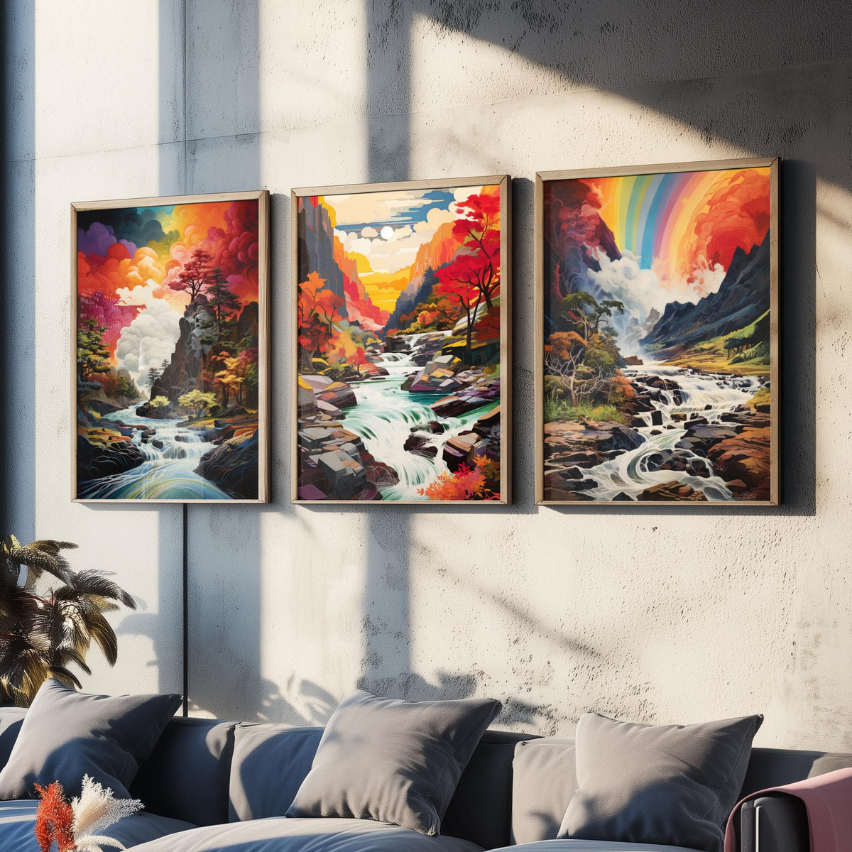 Rainbow River Set of Three Art Prints - Autumn Gorge with Waterfalls - Vivid Landscape Painting Poster