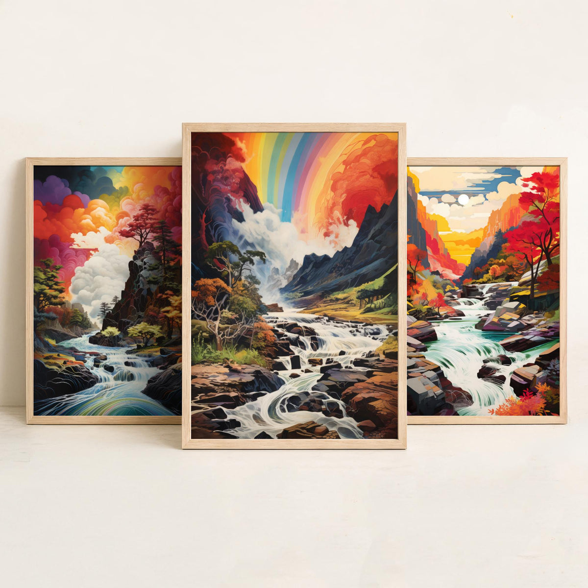 Rainbow River Set of Three Art Prints - Autumn Gorge with Waterfalls - Vivid Landscape Painting Poster