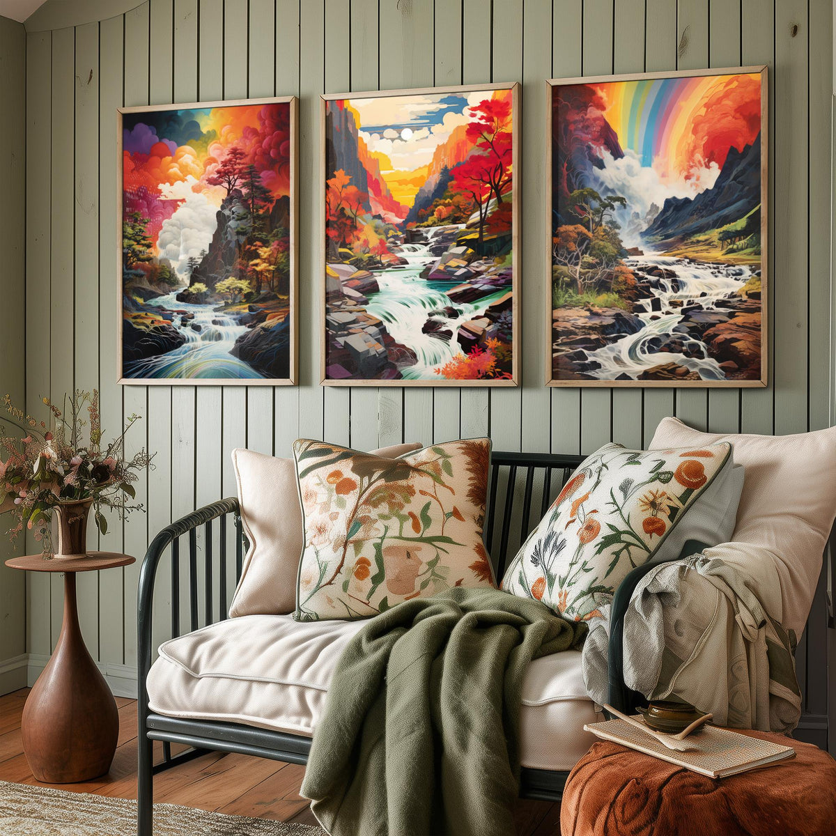 Rainbow River Set of Three Art Prints - Autumn Gorge with Waterfalls - Vivid Landscape Painting Poster