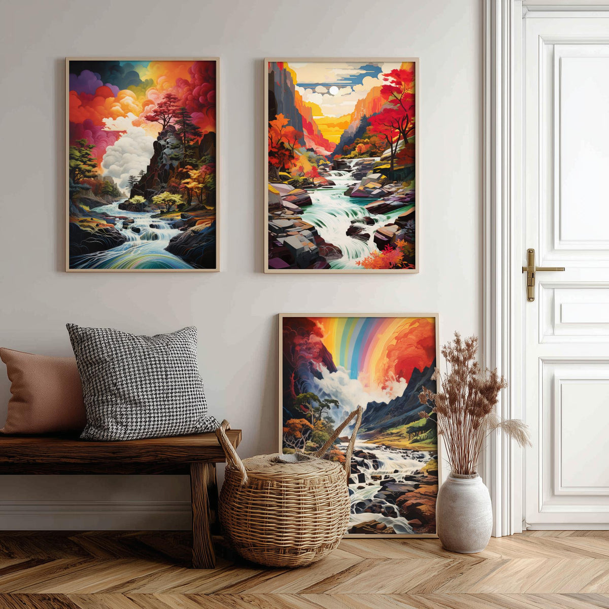 Rainbow River Set of Three Art Prints - Autumn Gorge with Waterfalls - Vivid Landscape Painting Poster