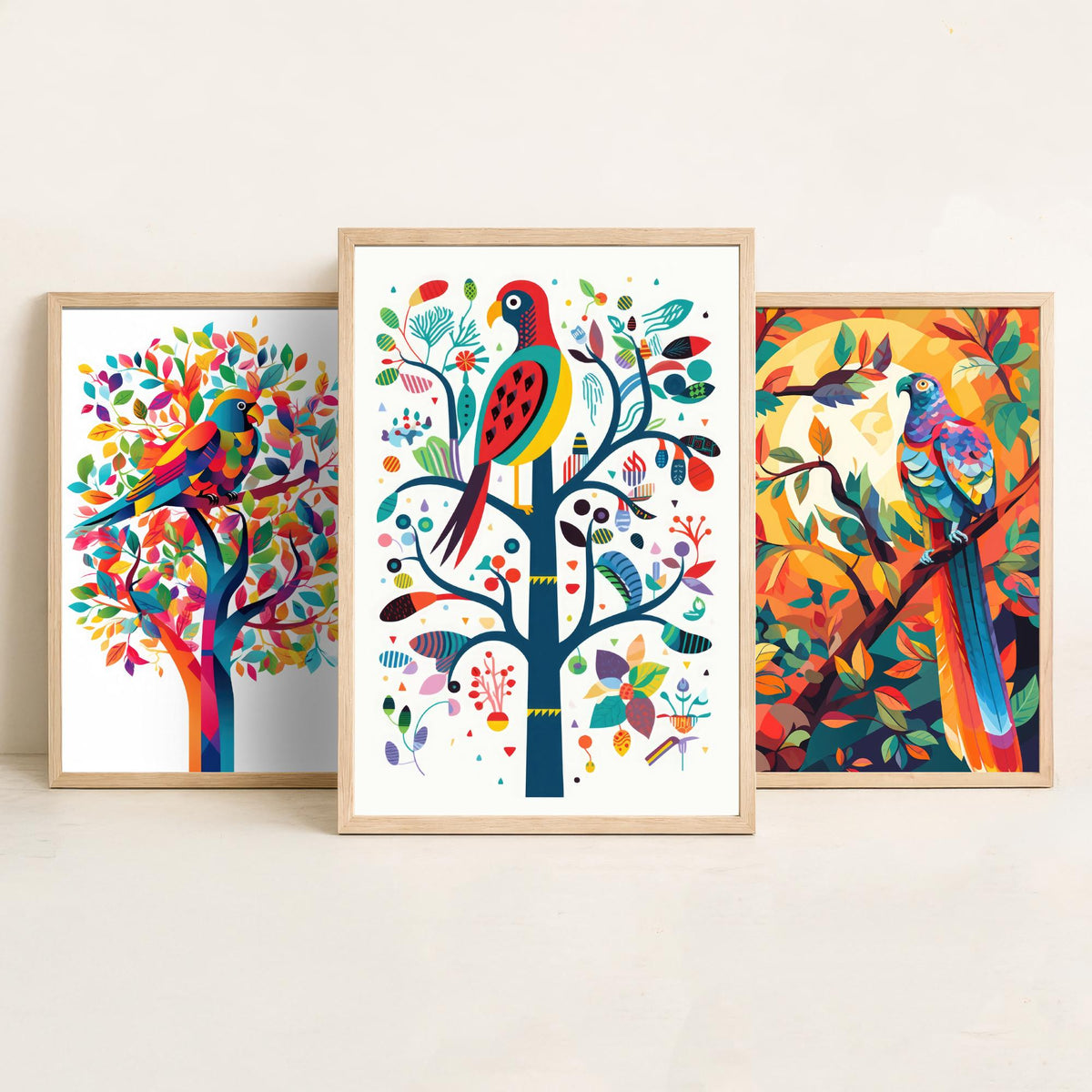 Rainbow Parrots and Trees Set of Three Art Prints - Colourful Folk Birds - Bright Geometric Poster Illustration