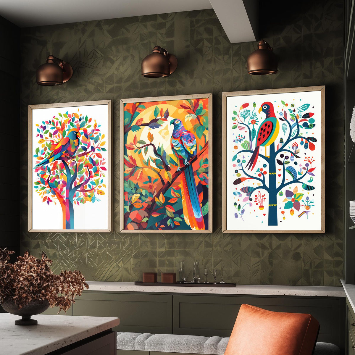 Rainbow Parrots and Trees Set of Three Art Prints - Colourful Folk Birds - Bright Geometric Poster Illustration
