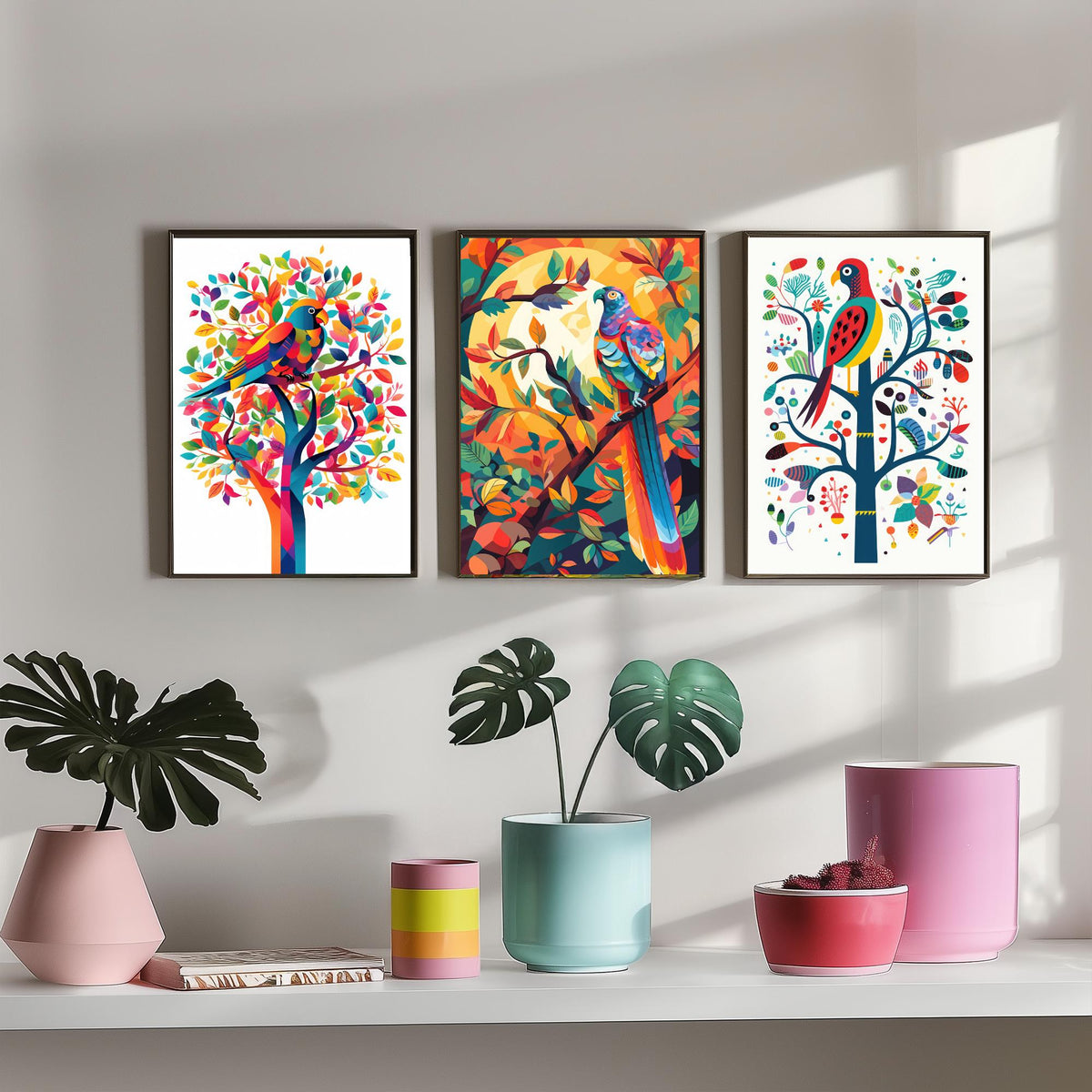 Rainbow Parrots and Trees Set of Three Art Prints - Colourful Folk Birds - Bright Geometric Poster Illustration