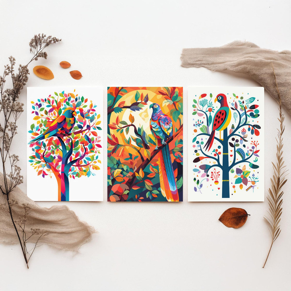 Rainbow Parrots and Trees Set of Three Art Prints - Colourful Folk Birds - Bright Geometric Poster Illustration