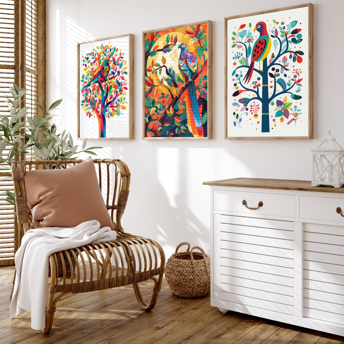 Rainbow Parrots and Trees Set of Three Art Prints - Colourful Folk Birds - Bright Geometric Poster Illustration