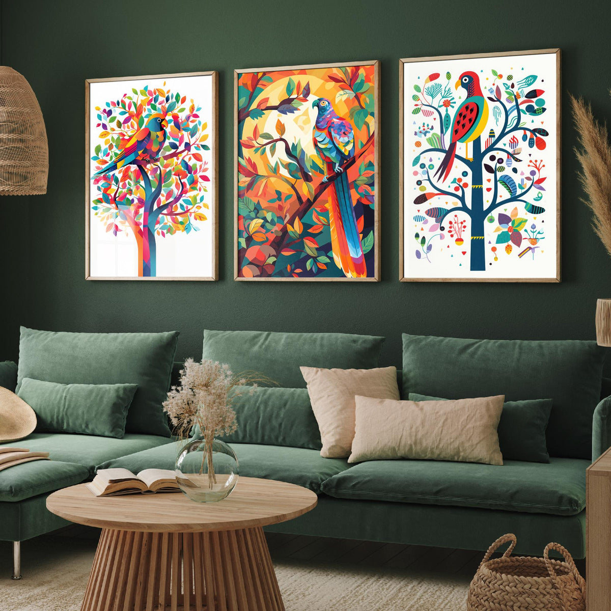 Rainbow Parrots and Trees Set of Three Art Prints - Colourful Folk Birds - Bright Geometric Poster Illustration