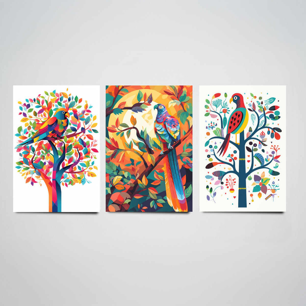Rainbow Parrots and Trees Set of Three Art Prints - Colourful Folk Birds - Bright Geometric Poster Illustration