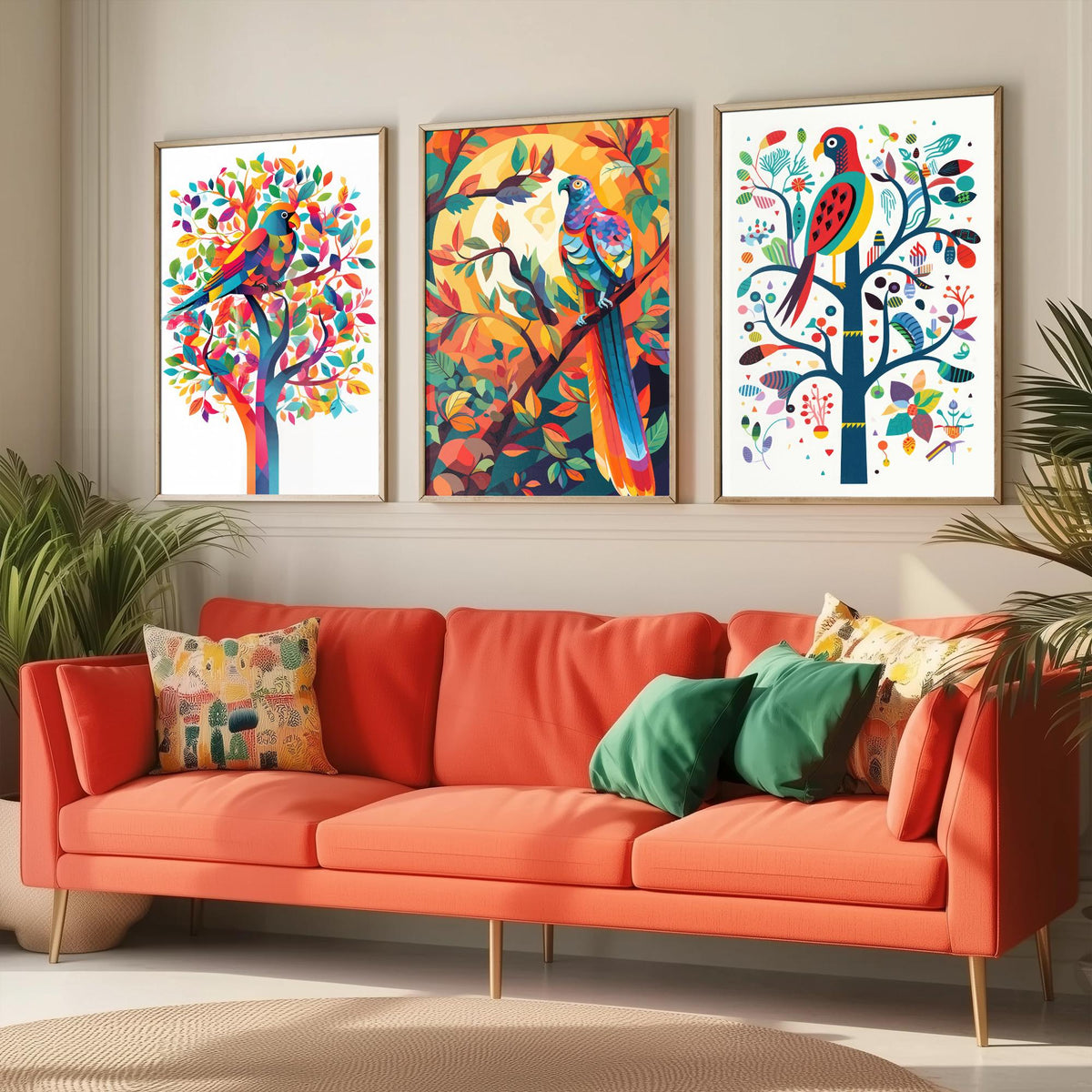 Rainbow Parrots and Trees Set of Three Art Prints - Colourful Folk Birds - Bright Geometric Poster Illustration