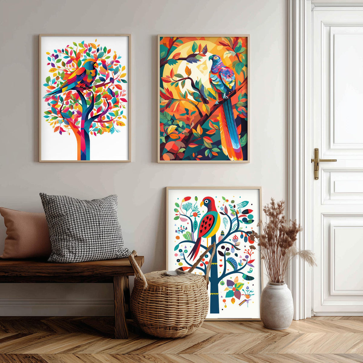 Rainbow Parrots and Trees Set of Three Art Prints - Colourful Folk Birds - Bright Geometric Poster Illustration