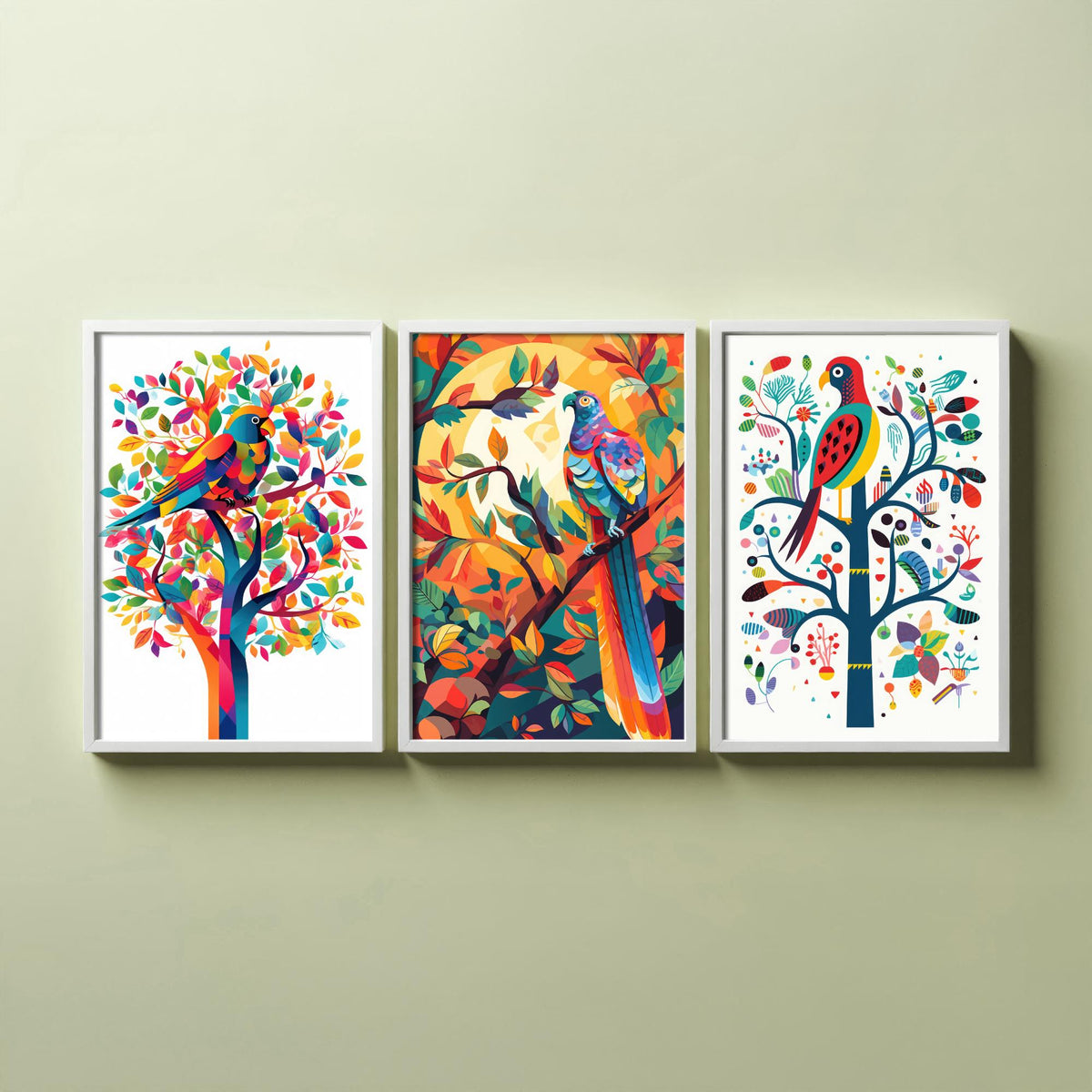 Rainbow Parrots and Trees Set of Three Art Prints - Colourful Folk Birds - Bright Geometric Poster Illustration