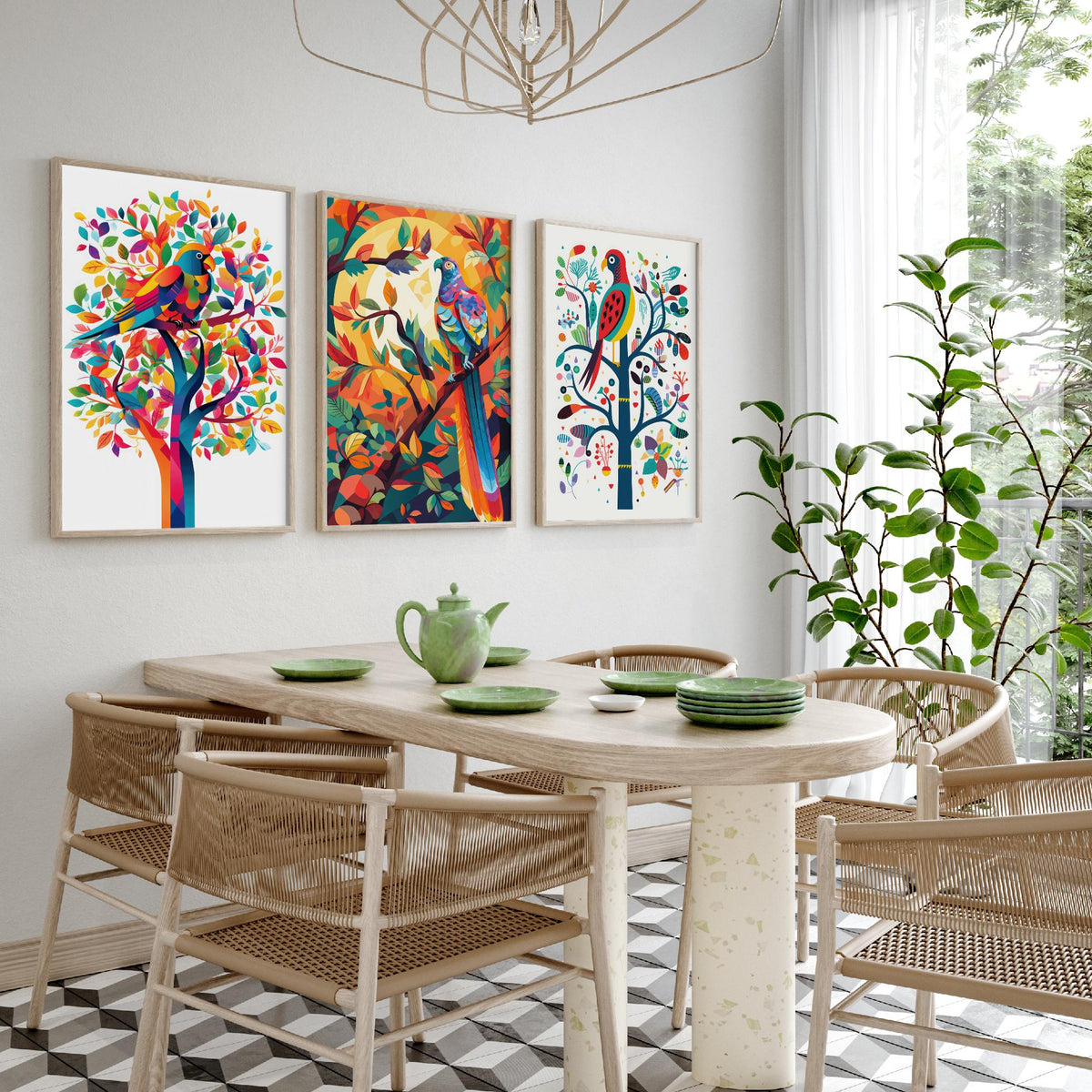 Rainbow Parrots and Trees Set of Three Art Prints - Colourful Folk Birds - Bright Geometric Poster Illustration