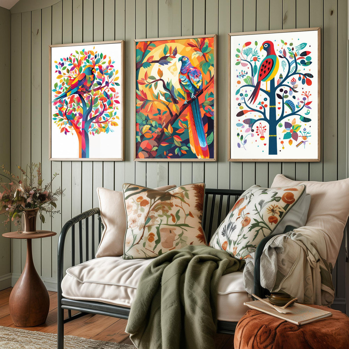 Rainbow Parrots and Trees Set of Three Art Prints - Colourful Folk Birds - Bright Geometric Poster Illustration