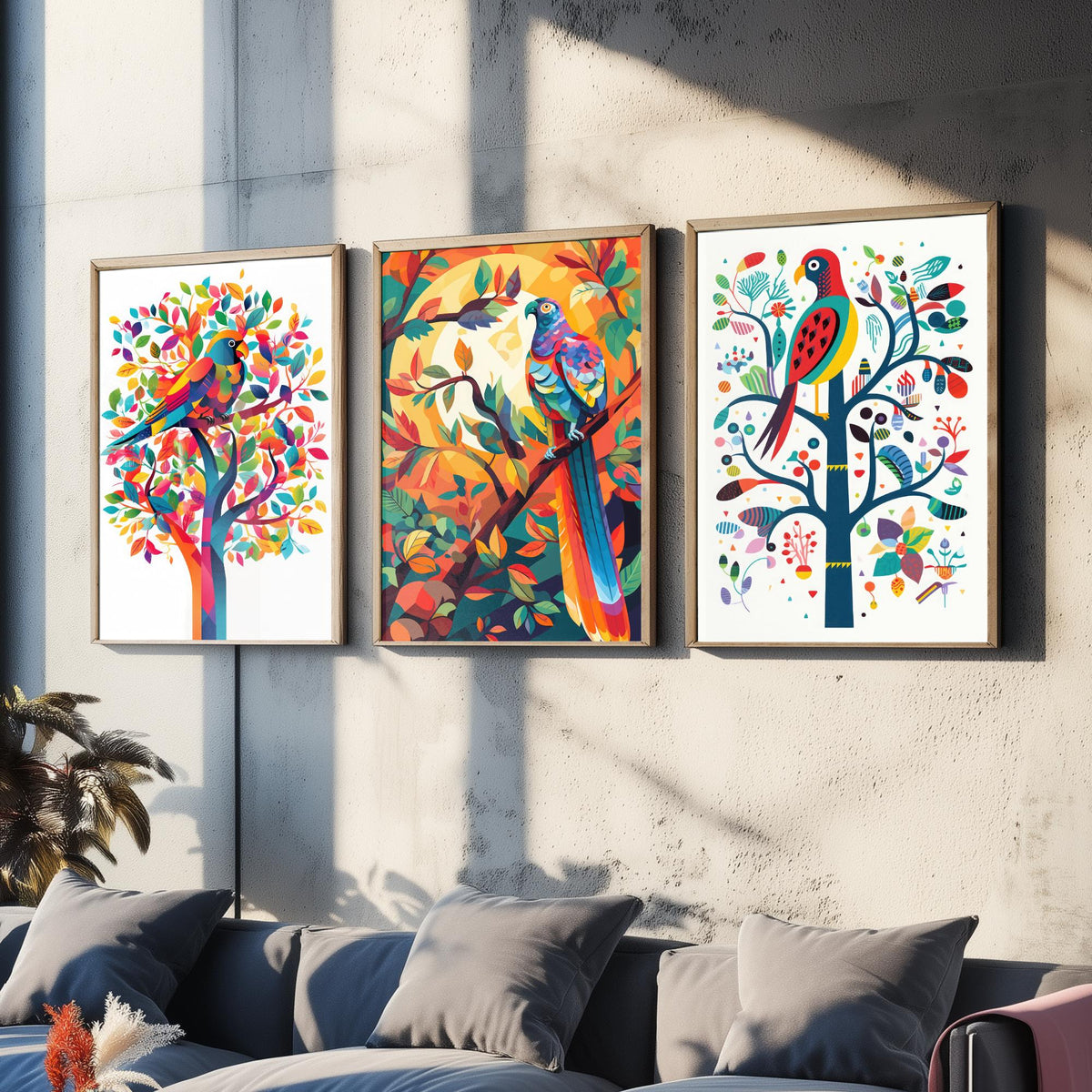 Rainbow Parrots and Trees Set of Three Art Prints - Colourful Folk Birds - Bright Geometric Poster Illustration