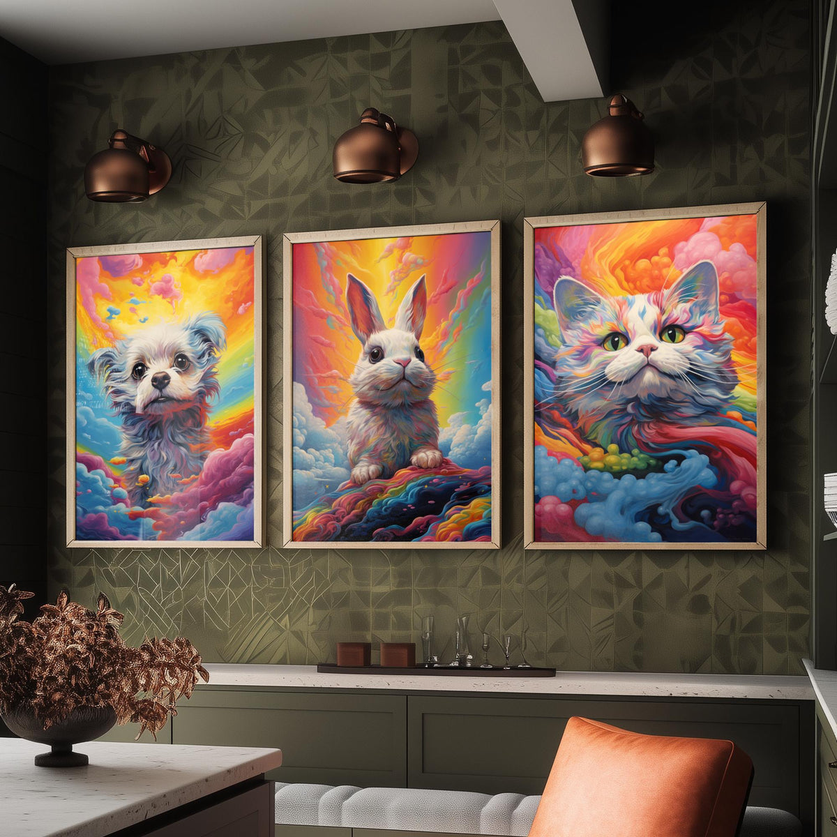 Rainbow Swirl Animals Set of Three Art Prints - Dog, Rabbit and Cat - Vivid Psychedelic Poster Illustration