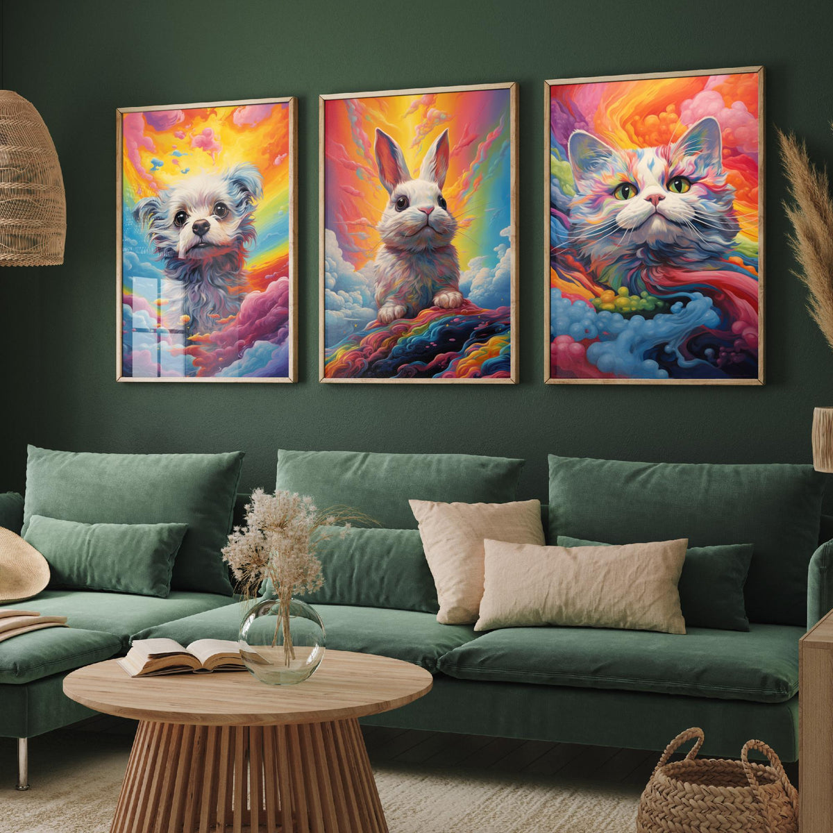 Rainbow Swirl Animals Set of Three Art Prints - Dog, Rabbit and Cat - Vivid Psychedelic Poster Illustration
