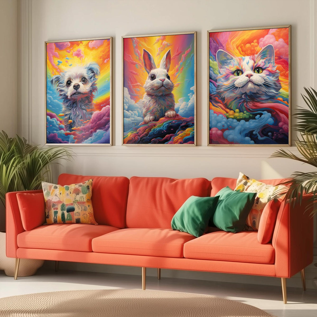Rainbow Swirl Animals Set of Three Art Prints - Dog, Rabbit and Cat - Vivid Psychedelic Poster Illustration