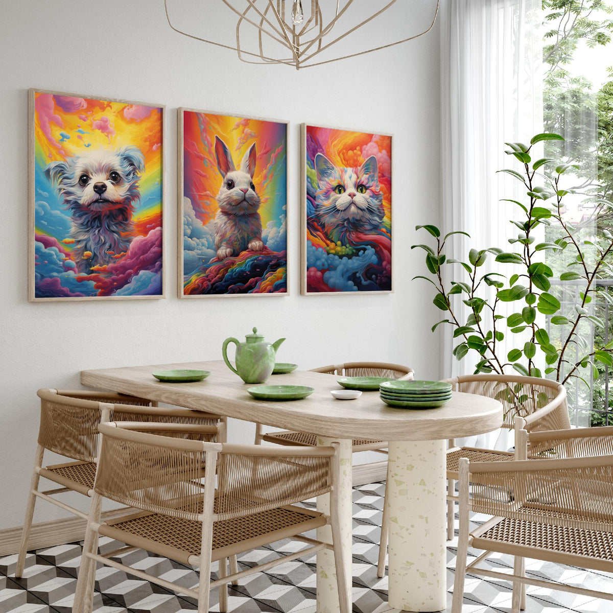 Rainbow Swirl Animals Set of Three Art Prints - Dog, Rabbit and Cat - Vivid Psychedelic Poster Illustration
