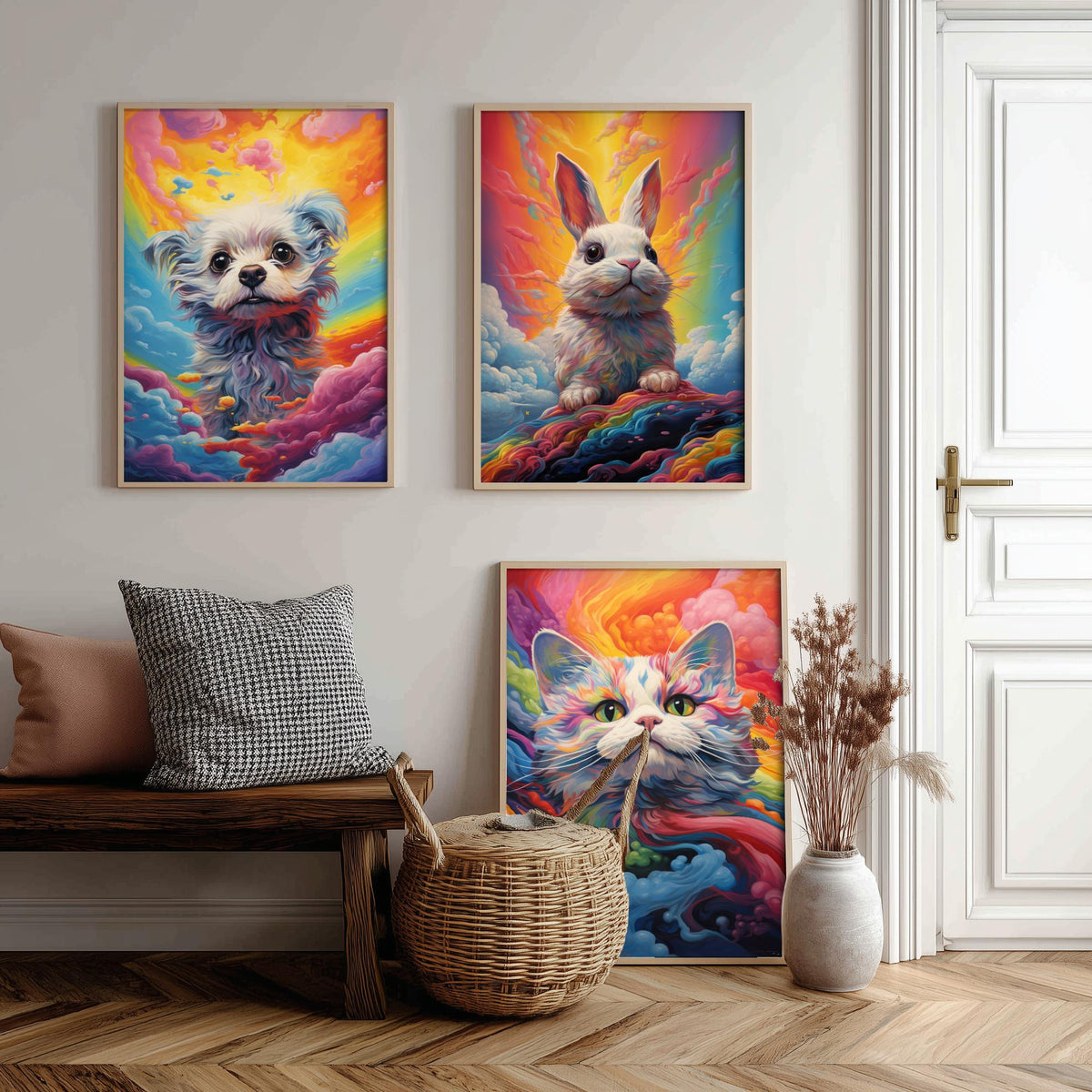 Rainbow Swirl Animals Set of Three Art Prints - Dog, Rabbit and Cat - Vivid Psychedelic Poster Illustration