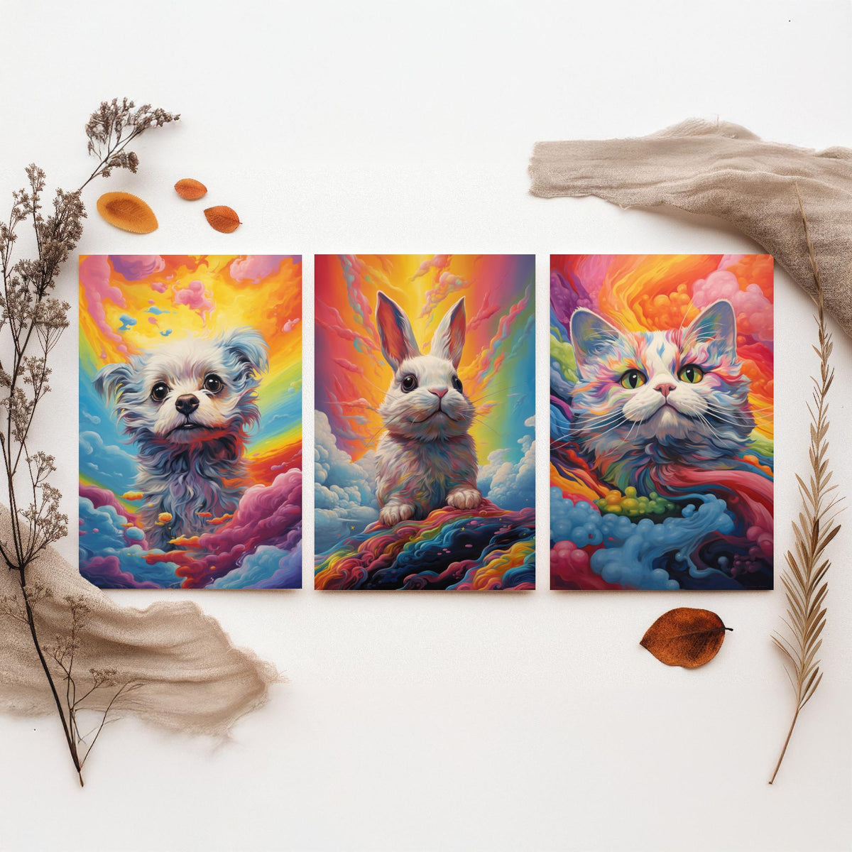 Rainbow Swirl Animals Set of Three Art Prints - Dog, Rabbit and Cat - Vivid Psychedelic Poster Illustration
