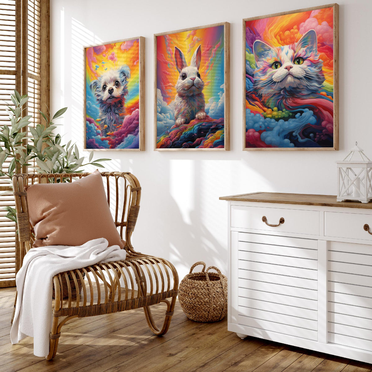 Rainbow Swirl Animals Set of Three Art Prints - Dog, Rabbit and Cat - Vivid Psychedelic Poster Illustration