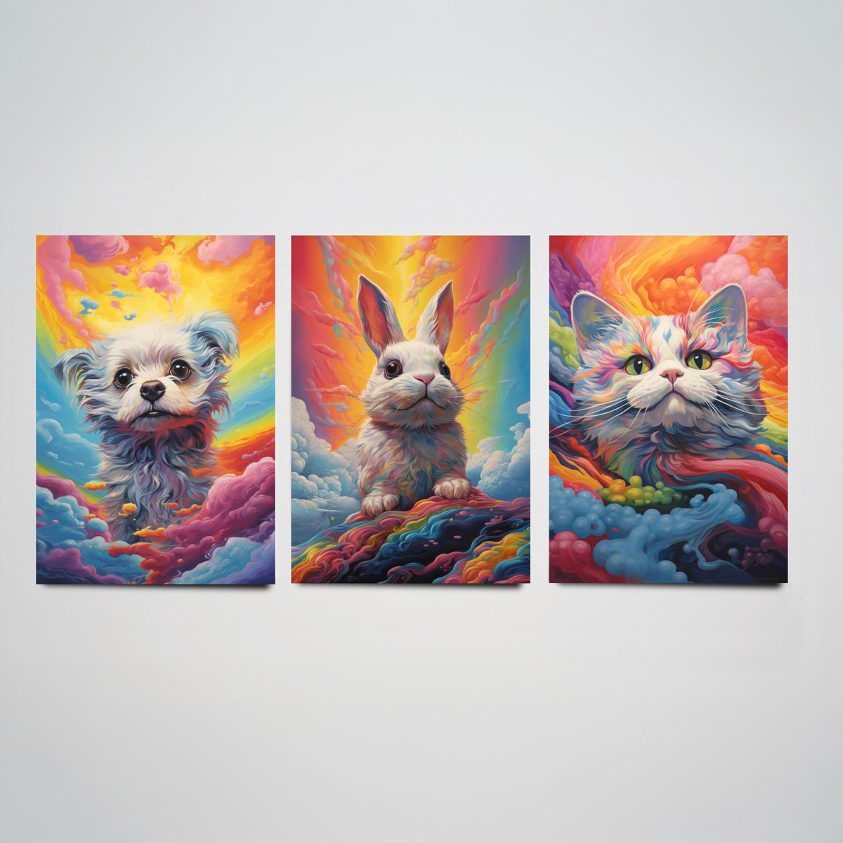 Rainbow Swirl Animals Set of Three Art Prints - Dog, Rabbit and Cat - Vivid Psychedelic Poster Illustration