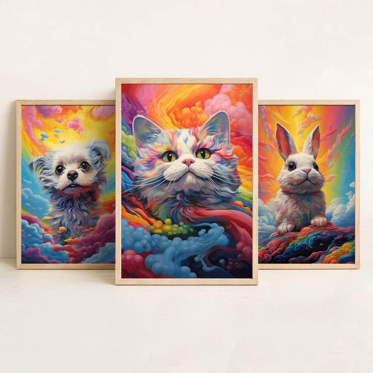 Rainbow Swirl Animals Set of Three Art Prints - Dog, Rabbit and Cat - Vivid Psychedelic Poster Illustration