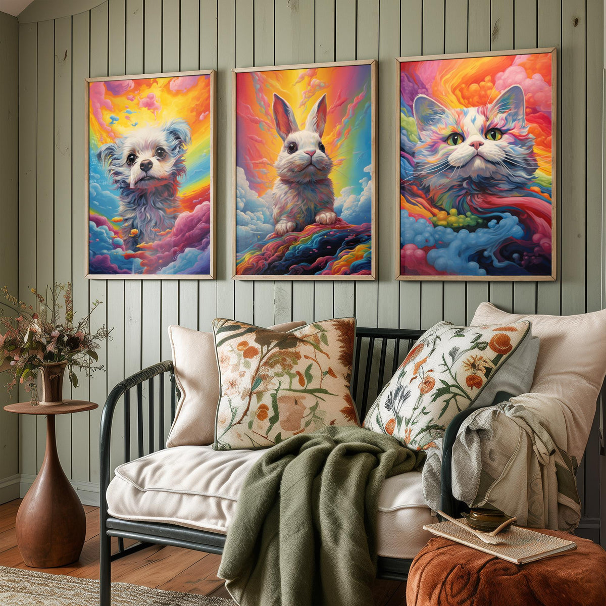 Rainbow Swirl Animals Set of Three Art Prints - Dog, Rabbit and Cat - Vivid Psychedelic Poster Illustration