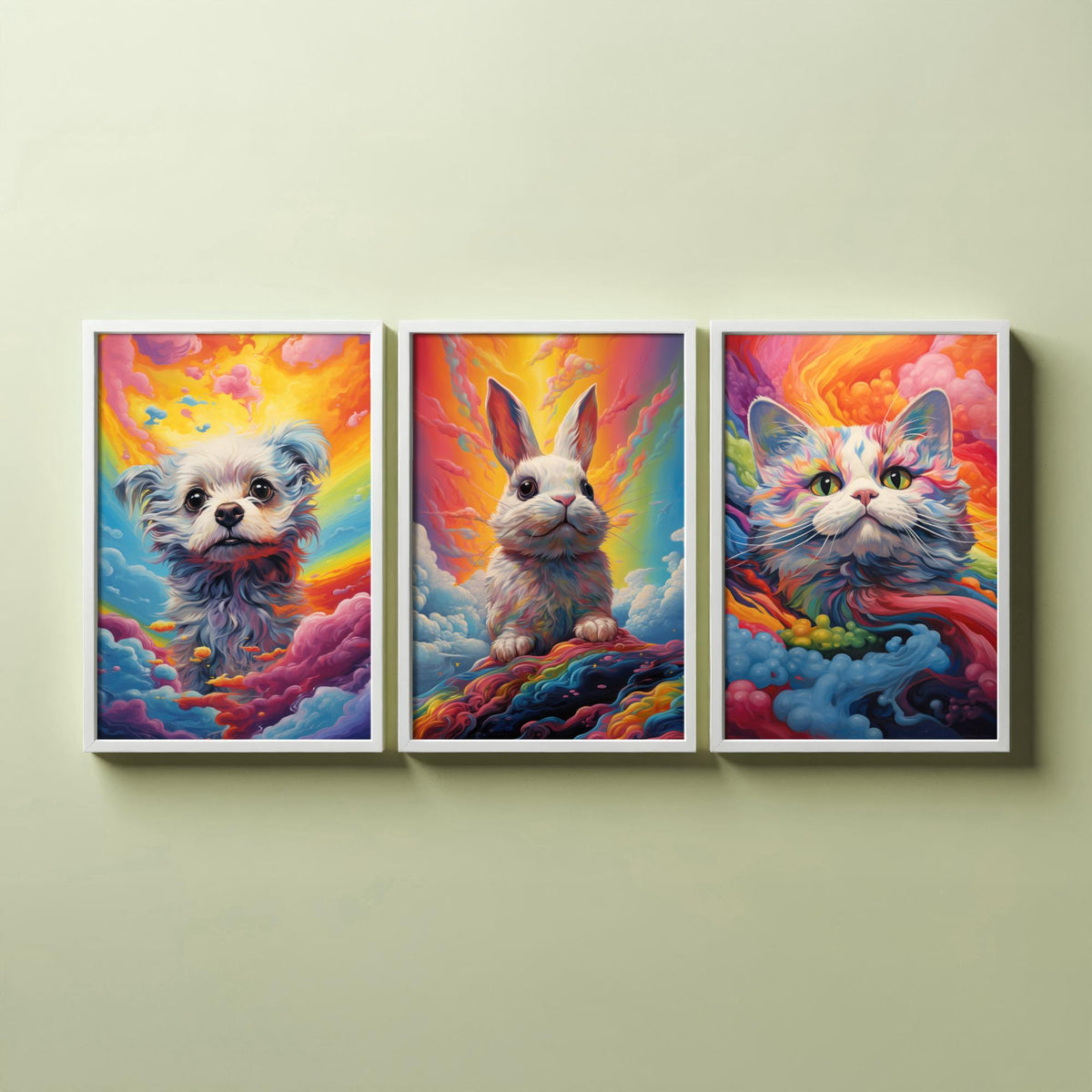 Rainbow Swirl Animals Set of Three Art Prints - Dog, Rabbit and Cat - Vivid Psychedelic Poster Illustration