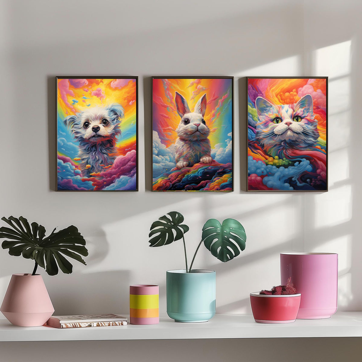 Rainbow Swirl Animals Set of Three Art Prints - Dog, Rabbit and Cat - Vivid Psychedelic Poster Illustration
