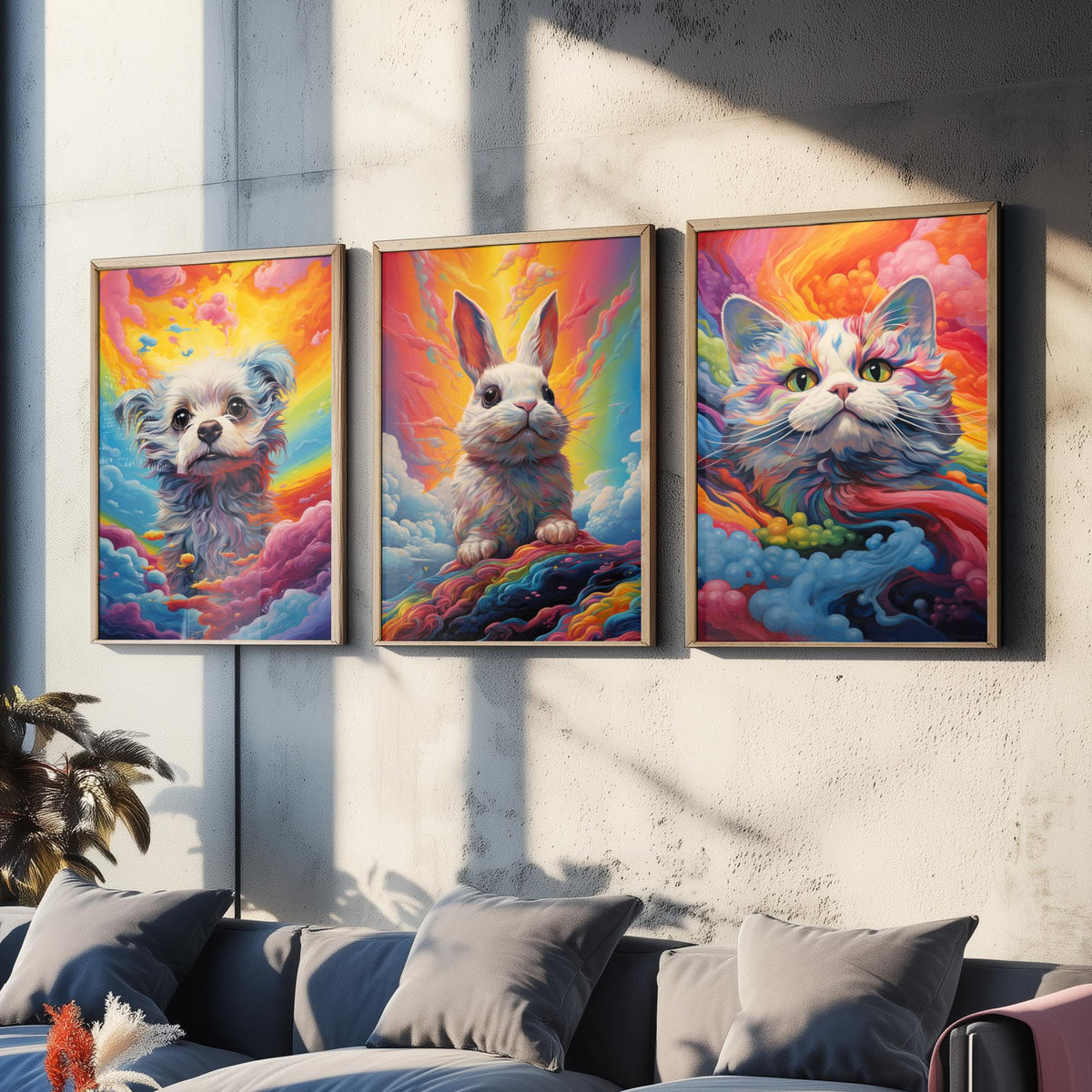 Rainbow Swirl Animals Set of Three Art Prints - Dog, Rabbit and Cat - Vivid Psychedelic Poster Illustration