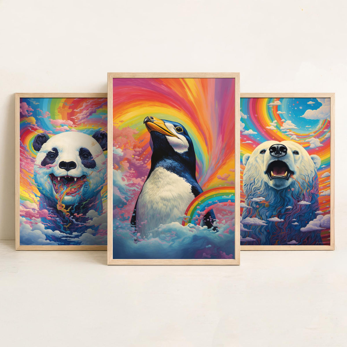 Rainbow Swirl Animals Set of Three Art Prints - Panda, Polar Bear and Penguin - Vivid Psychedelic Poster Illustration