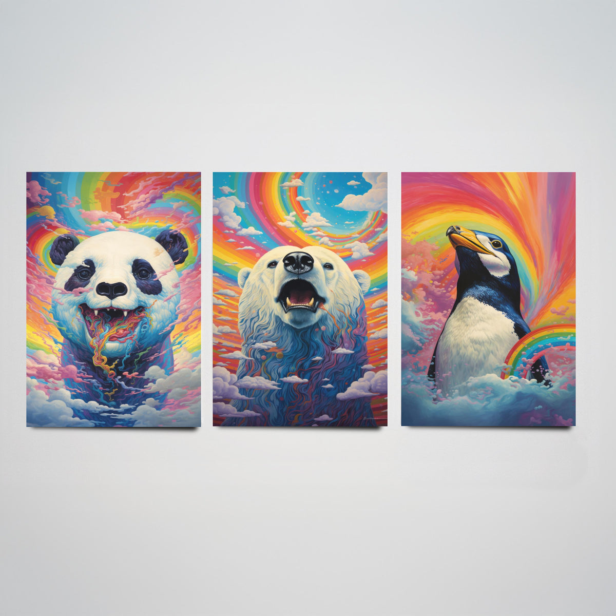 Rainbow Swirl Animals Set of Three Art Prints - Panda, Polar Bear and Penguin - Vivid Psychedelic Poster Illustration
