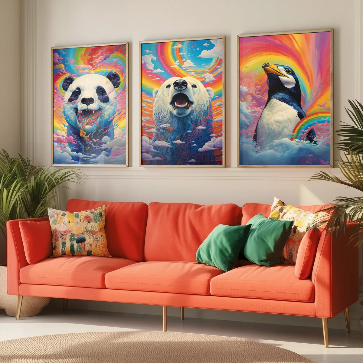 Rainbow Swirl Animals Set of Three Art Prints - Panda, Polar Bear and Penguin - Vivid Psychedelic Poster Illustration