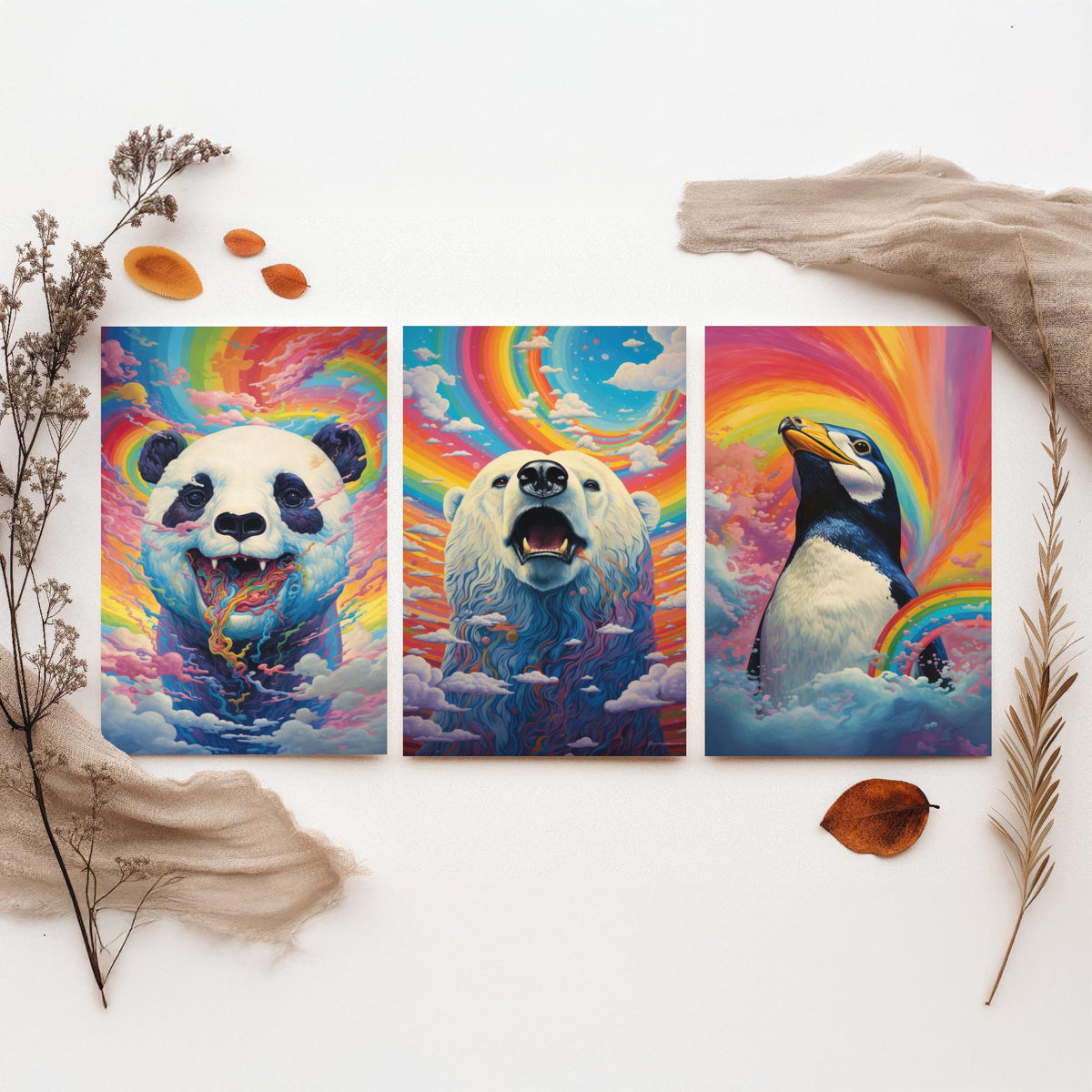 Rainbow Swirl Animals Set of Three Art Prints - Panda, Polar Bear and Penguin - Vivid Psychedelic Poster Illustration