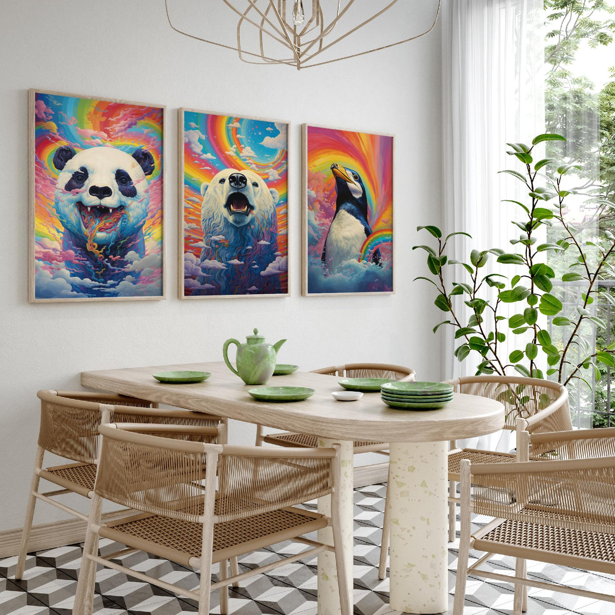 Rainbow Swirl Animals Set of Three Art Prints - Panda, Polar Bear and Penguin - Vivid Psychedelic Poster Illustration