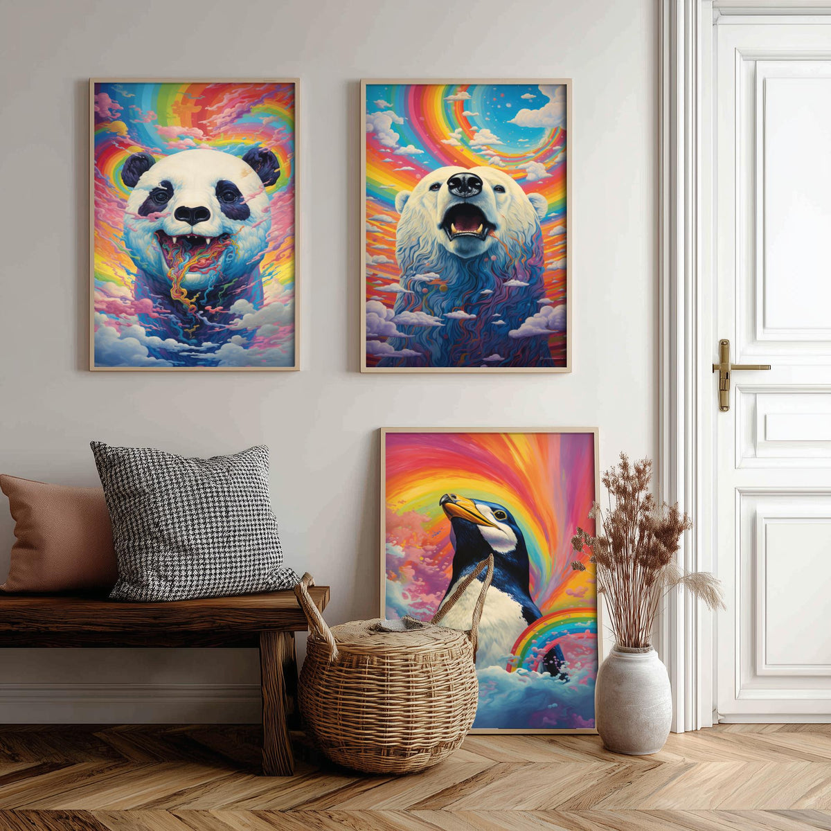 Rainbow Swirl Animals Set of Three Art Prints - Panda, Polar Bear and Penguin - Vivid Psychedelic Poster Illustration