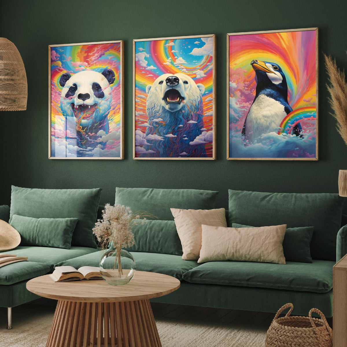 Rainbow Swirl Animals Set of Three Art Prints - Panda, Polar Bear and Penguin - Vivid Psychedelic Poster Illustration