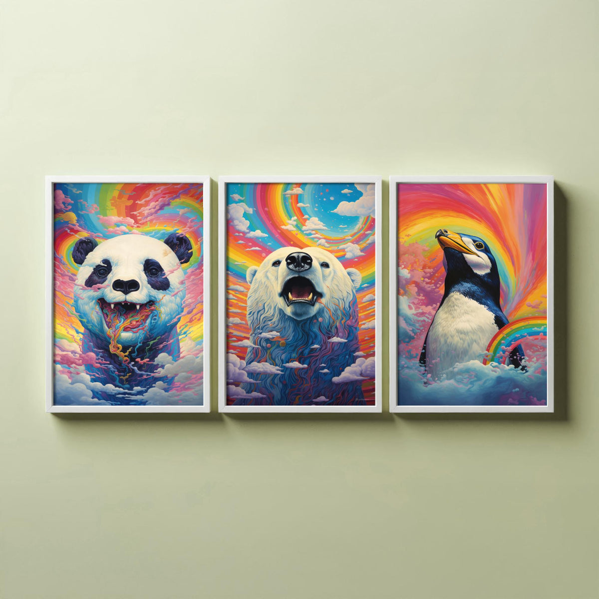 Rainbow Swirl Animals Set of Three Art Prints - Panda, Polar Bear and Penguin - Vivid Psychedelic Poster Illustration