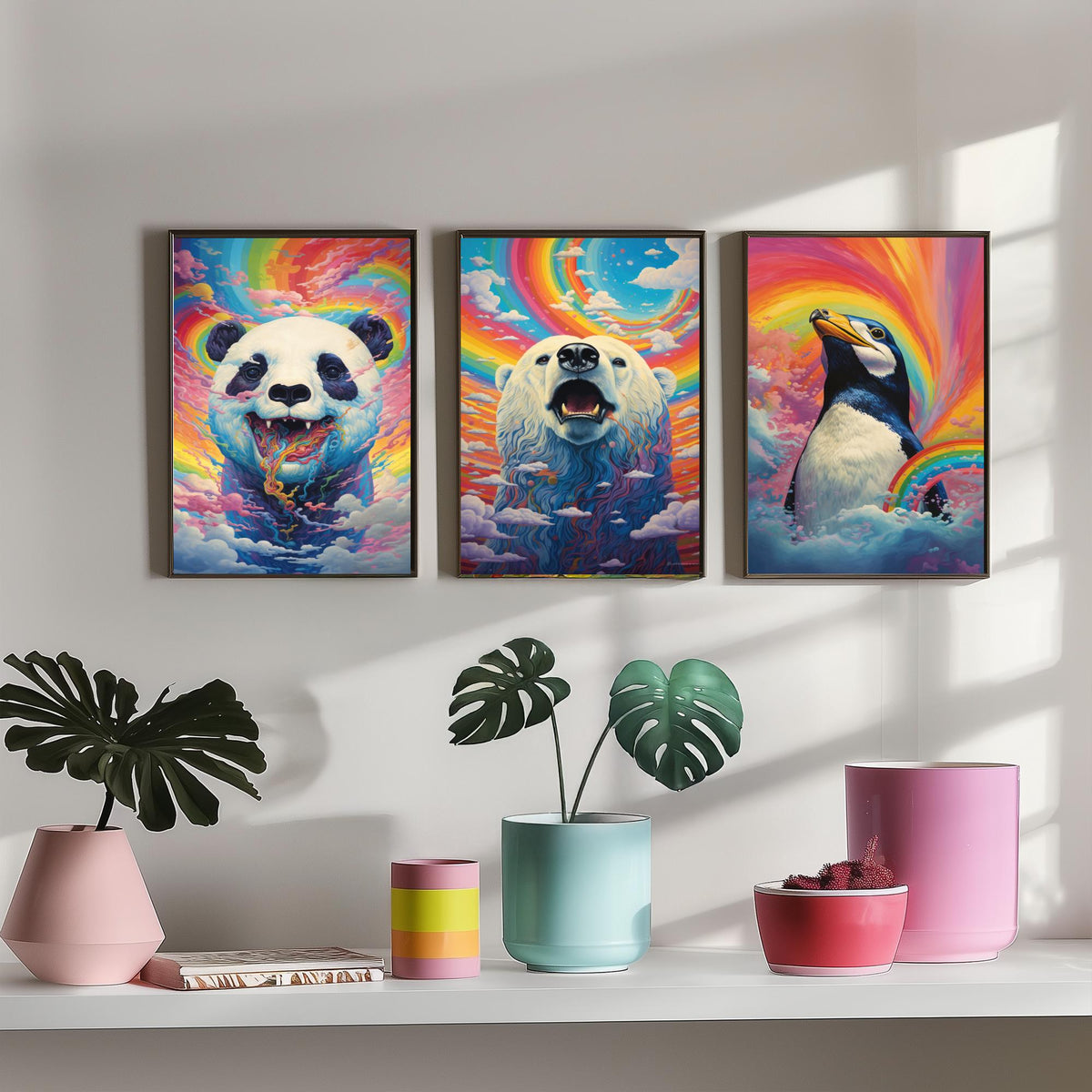 Rainbow Swirl Animals Set of Three Art Prints - Panda, Polar Bear and Penguin - Vivid Psychedelic Poster Illustration