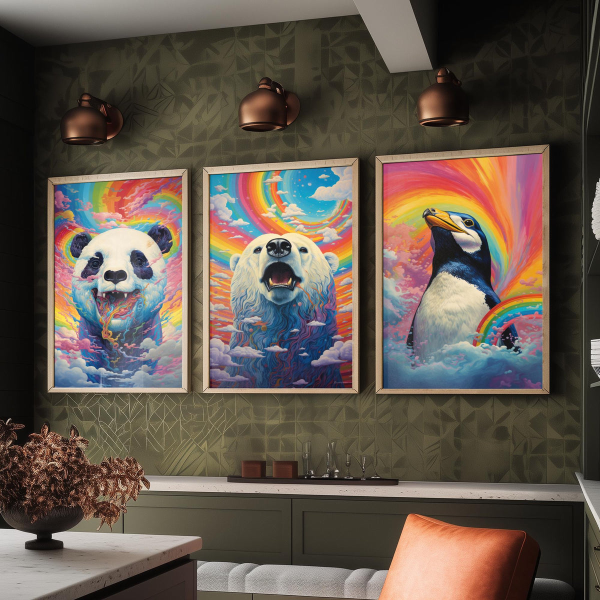 Rainbow Swirl Animals Set of Three Art Prints - Panda, Polar Bear and Penguin - Vivid Psychedelic Poster Illustration