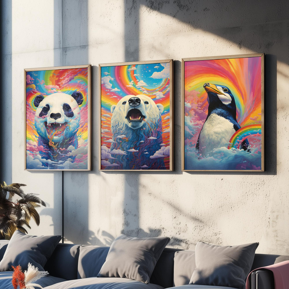 Rainbow Swirl Animals Set of Three Art Prints - Panda, Polar Bear and Penguin - Vivid Psychedelic Poster Illustration