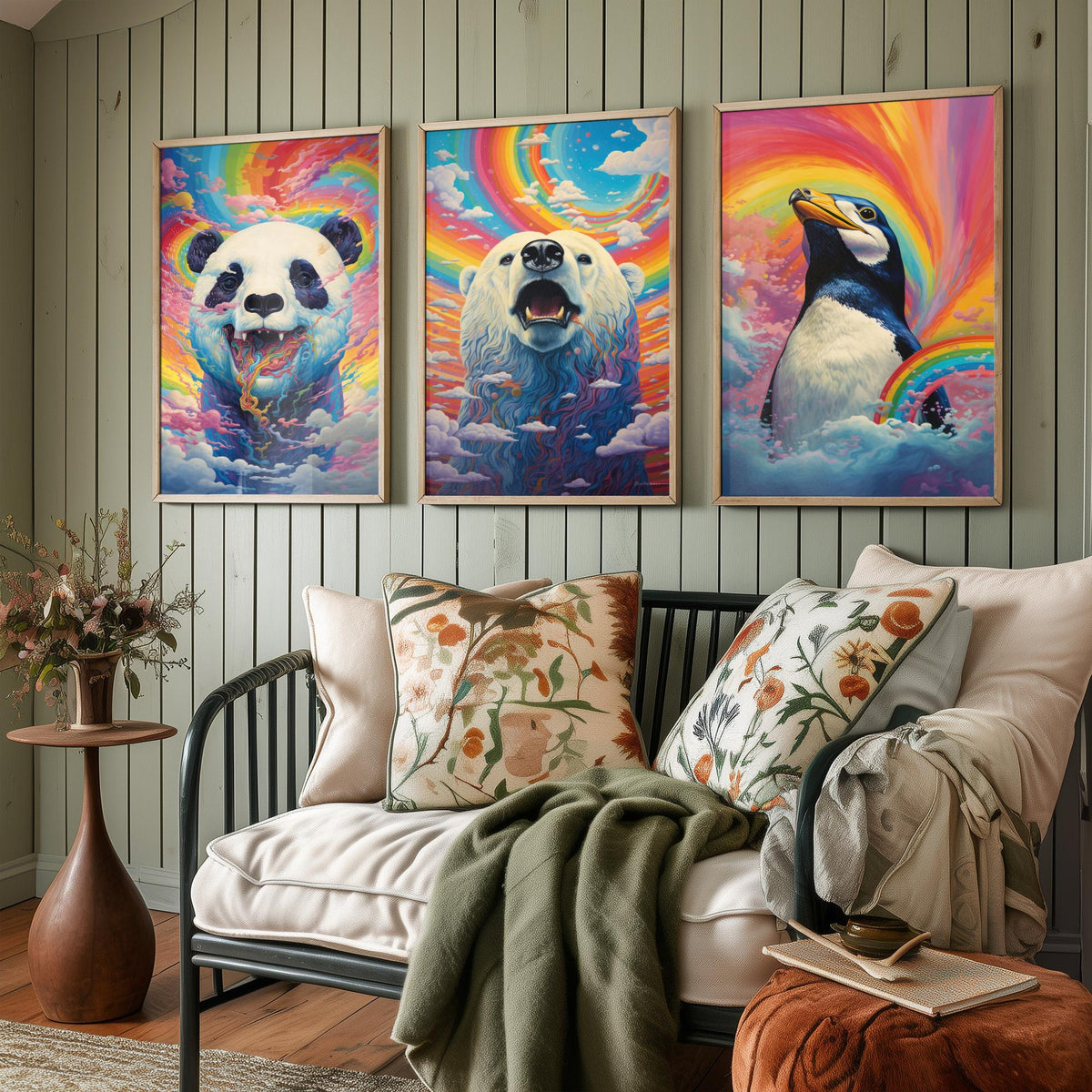 Rainbow Swirl Animals Set of Three Art Prints - Panda, Polar Bear and Penguin - Vivid Psychedelic Poster Illustration