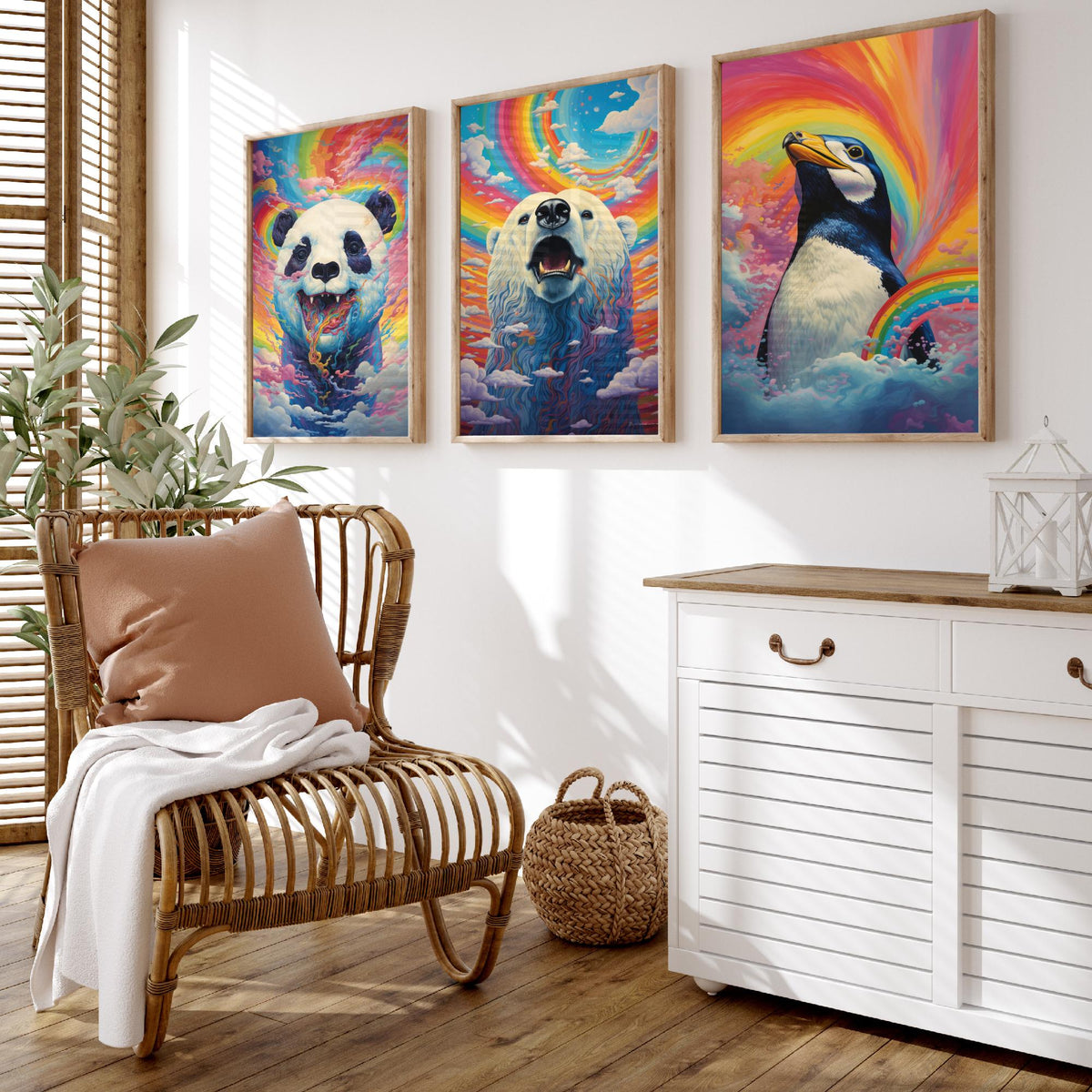 Rainbow Swirl Animals Set of Three Art Prints - Panda, Polar Bear and Penguin - Vivid Psychedelic Poster Illustration